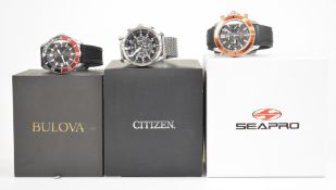 Three gentleman's wristwatches Citizen Eco-Drive chronograph ref. B620-S097240 with date aperture,