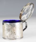 Georgian hallmarked silver mustard with blue glass liner, marked with the lion passant and maker's