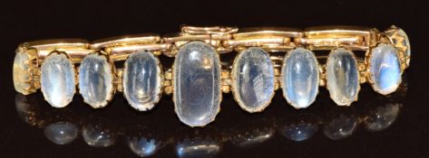 Edwardian bracelet set with ten moonstone cabochons on expandable Empire bracelet, 11.4g, 16cm