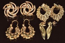 Four pairs of 9ct gold earrings including filigree hoops, stylised knots, etc, 10.3g