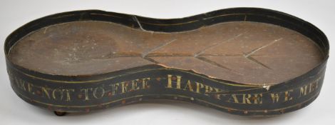 Victorian oak and bentwood figure of eight shaped meat trolley / stand with motto 'Drink a horn with