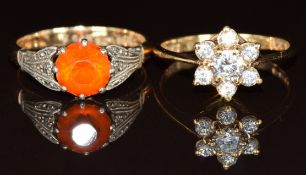 A 9ct gold ring set with cubic zirconia and a 9ct gold and silver ring set with paste, 3.9g, size