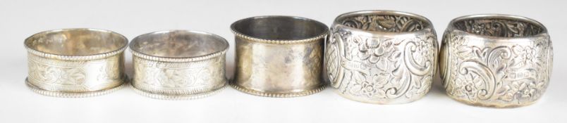 Five Victorian and later hallmarked silver napkin rings including two pairs, weight of all five 88g