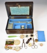 A 19thC brass inlaid work or sewing box and contents including Tunbridge ware wax mother of pearl