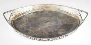 Dutch silver oval tray with pierced and beaded gallery, twin handles and Dutch silver marks to