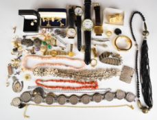 A collection of jewellery and watches including Raymond Weil watch, coral necklace, silver