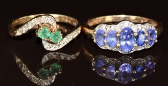 A 9k gold ring set with five tanzanites and diamonds (2.6g, size O) and a 9k gold ring set with