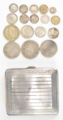 Hallmarked silver cigarette case and a small quantity of silver coinage, the case 100g,16g pre