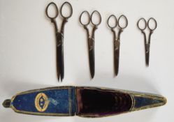 Set of four 19thC cased steel graduated sewing scissors (one pair missing) by Joseph Rogers,