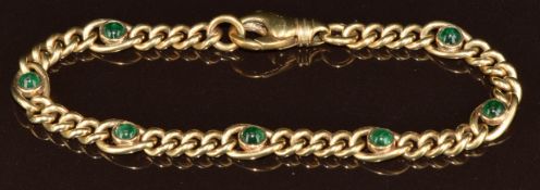 A 9ct gold bracelet set with seven emerald cabochons, 16.1g, 19cm