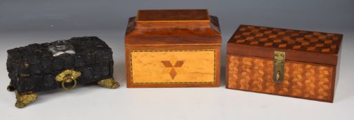 Two parquetry / marquetry boxes and a 19thC inkwell with drawer, decorated with wax seals, largest