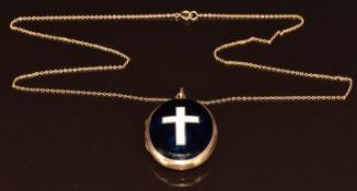 A 9ct gold back and front locket set with enamel in the form of a cross, engraved verso 'Wyndham