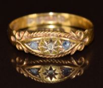 Victorian 15ct gold ring set with a diamond and two sapphires, Chester 1899, 1.5g, size N