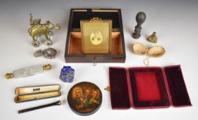 Bijouterie and collectables including Chinese enamel box, Benin bronze elephant, brass Buddha,
