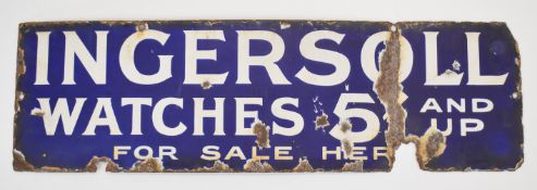 Ingersoll Watches enamel shop display or advertising sign 'Ingersoll Watches 5 And Up For Sale Here'