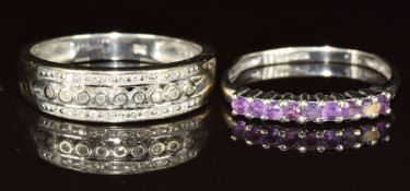 Two 9k white gold rings, one set with amethysts and the other diamonds, 4g, size N & O
