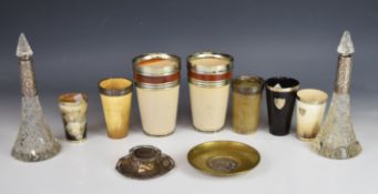 Hallmarked silver mounted items comprising inkwell and two hobnail cut bottles, brass dish set