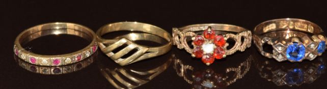 Four 9ct gold rings, one set with garnet and opal and one with rubies and diamonds, etc, 5.6g,