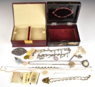A collection of jewellery including Victorian stick/ hair pin set with pearls and enamel, Austro-