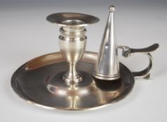 Georgian hallmarked silver chamberstick, with scroll handle and engraved lion or similar crest to