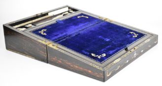Victorian mother of pearl, abalone and bronze wire inlaid coromandel / rosewood writing slope with