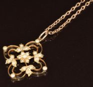 Edwardian 9ct gold pendant set with seed pearls (3cm) on 15ct rose gold chain with barrel clasp, 6.