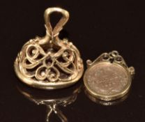 A 9ct gold Tallar 1853 coin in 9ct gold mount and a 9ct gold fob set with agate, 7.4g