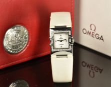 Omega Quadra Constellation ladies wristwatch with steel hands, diamond hour markers, white dial
