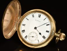 Waltham gold plated keyless winding full hunter pocket watch with inset subsidiary seconds dial,