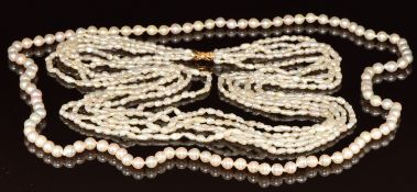 A five strand freshwater pearl necklace with 14k gold clasp (68cm) and a single strand of cultured