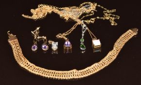 A collection of 9ct gold jewellery comprising five chains, four pendants set with opal, cubic