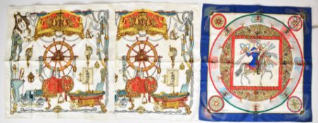 Three Hermès silk pocket squares or handkerchiefs comprising 'Gavroche Feux d'Artifice' and two '