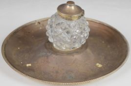 Victorian hallmarked silver and cut glass inkwell on stand, with beaded edge and engraved