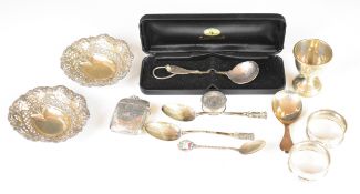 Hallmarked and other silver to include a Victorian pill box, pair of bon bon dishes, caddy spoon,