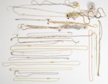 Forty five silver necklaces including silver gilt, ribbon, curb link, etc , 173g