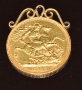 An 1893 gold double sovereign with gold pendant loop attached, 17.1g