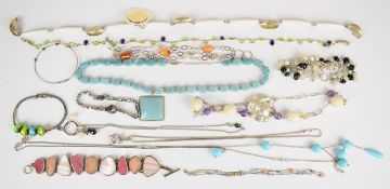 Six silver bracelets and nine silver necklaces set with peridot, amethyst, agate, etc, 420g