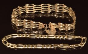 Two 9ct gold bracelets, one a gate bracelet and the other curb link, 18 & 18.5cm, 9.2g