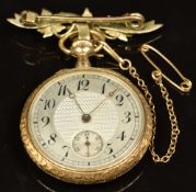 Continental 14ct gold keyless winding open faced pocket watch with subsidiary second dial, blued