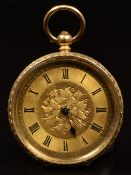 Unnamed 18ct gold open faced pocket watch with blued hands, black Roman numerals, engraved gold dial
