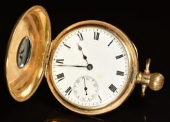 Waltham gold plated keyless winding half hunter pocket watch with subsidiary seconds dial, blued