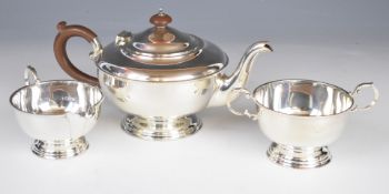 Hallmarked silver three piece tea set, Birmingham 1931 maker William Suckling Ltd, tallest 13.5cm,