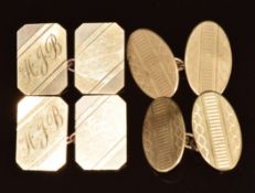 Two pairs of 9ct gold cufflinks, one pair with engine turned decoration, 8.7g