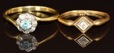 An 18ct gold ring set with zircon surrounded by diamonds (size P) and an 18ct gold ring set with a