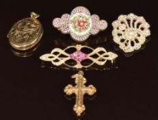 A c1900 micro mosaic brooch, 9ct gold locket with engraved scrolling decoration (4.2g), 9ct gold