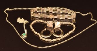 A 9ct gold gate bracelet, 9ct gold pendant set with an emerald, two pairs of 9ct gold earrings,