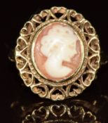 A 9ct gold ring set with a cameo depicting a young woman, 4.8g, size N