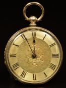 Unnamed 14ct gold open faced pocket watch with blued hands, black Roman numerals, engraved gold dial