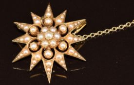 Edwardian 15ct gold star brooch/ pendant set with split pearls, 6.6g, 3cm