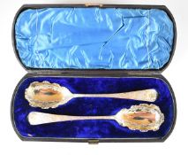 Greenock Scottish provincial hallmarked pair of silver serving spoons, with engraved decoration,
